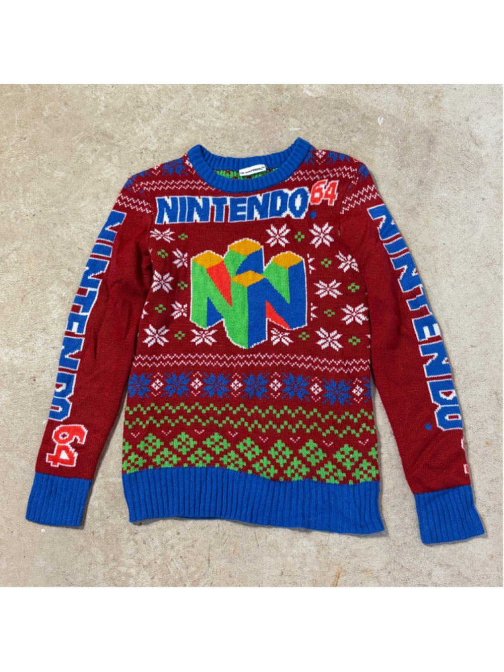 Nintendo 64 N64 Festive Holiday Knit Ugly Sweater Red Blue Youth Size Large